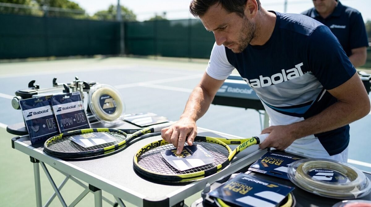jugador de tenis probando cuerdas Babolat